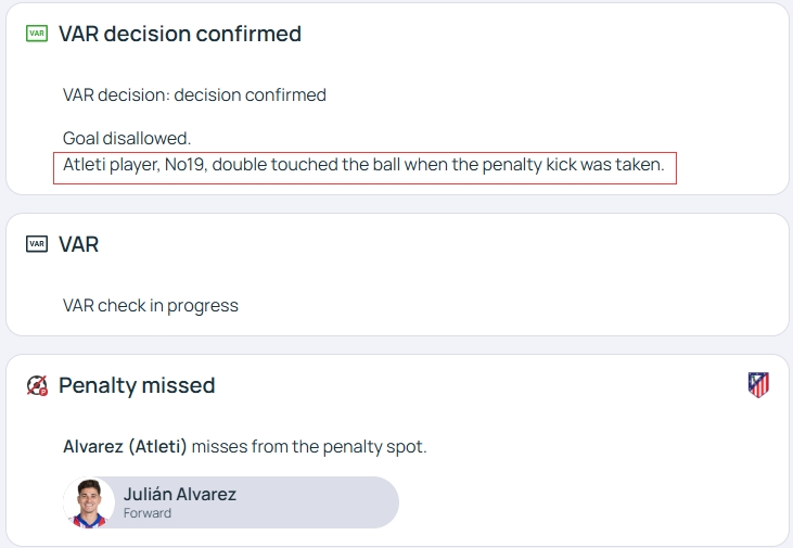 官方明確！歐冠官網(wǎng)：阿爾瓦雷斯罰點(diǎn)時(shí)2次觸球，VAR決定進(jìn)球無效